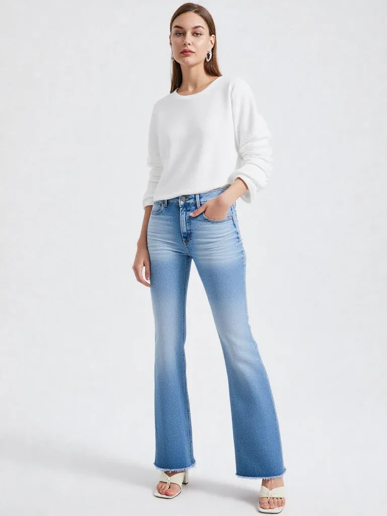 Women’s Flare Jeans - Mid Rise Stretch Denim - Button Fly Streetwear - Carter And Sage