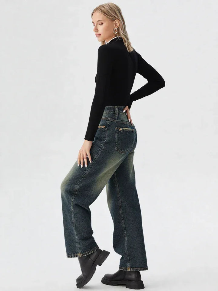 Women's Y2K Straight-Leg Jeans – High Rise, Rivet Detail, Loose Fit - Carter And Sage