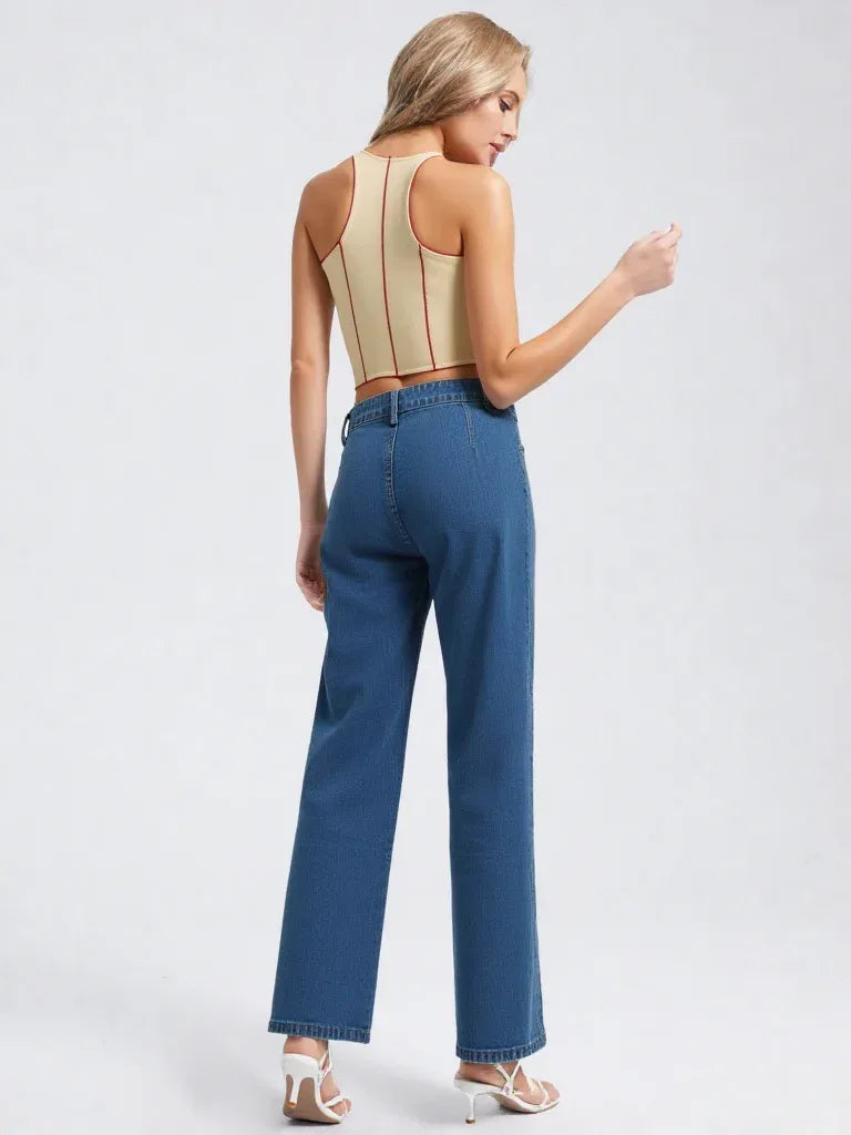 Women's Loose High-Rise Jeans – Button Detail, Straight Leg, Full Length - Carter And Sage