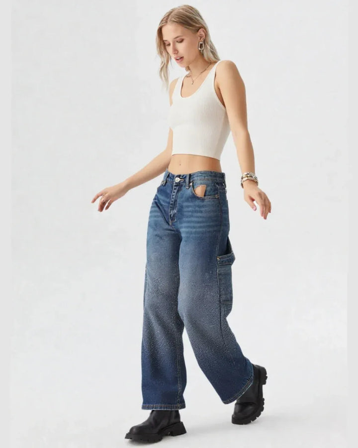 Women's Straight-Leg Trousers – High Rise, Rhinestone Detail, Full Length - Carter And Sage