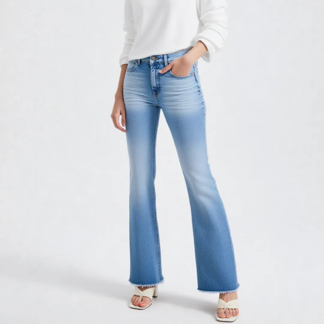 Women’s Flare Jeans - Mid Rise Stretch Denim - Button Fly Streetwear - Carter And Sage