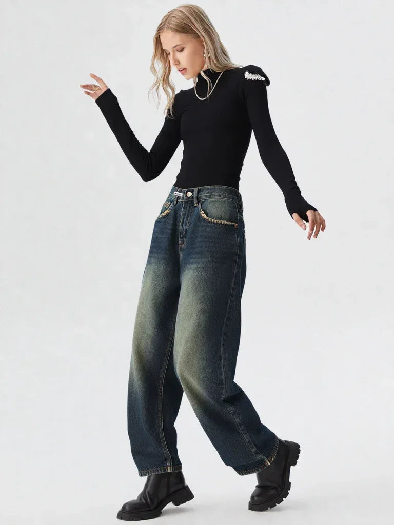 Women's Y2K Straight-Leg Jeans – High Rise, Rivet Detail, Loose Fit - Carter And Sage