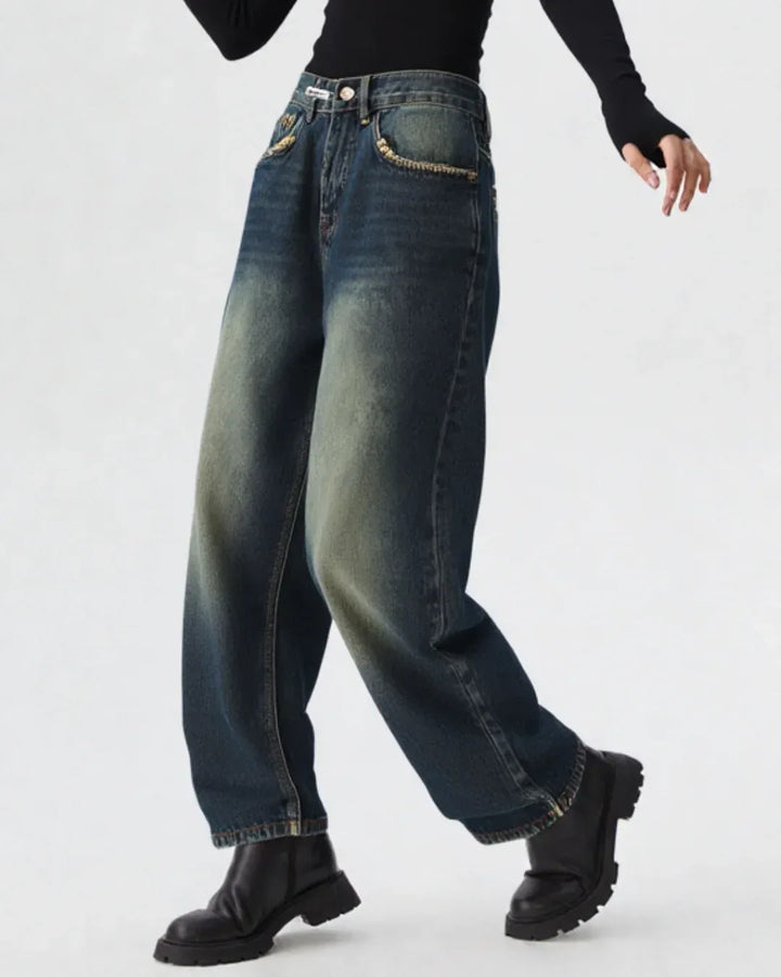 Women's Y2K Straight-Leg Jeans – High Rise, Rivet Detail, Loose Fit - Carter And Sage