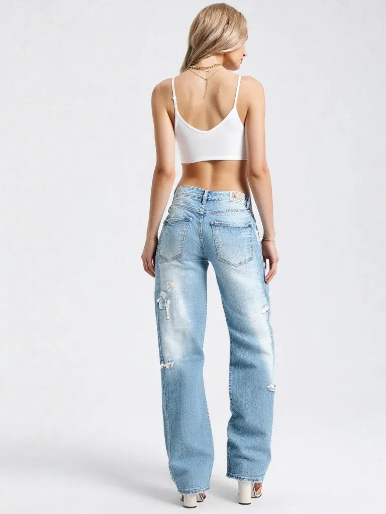 Women’s Boyfriend Jeans - Distressed Coated Denim - Mid Rise Ankle Length - Carter And Sage