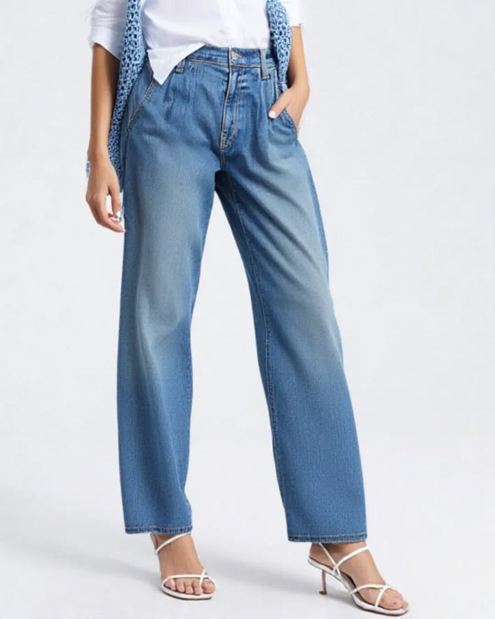 Women's Loose High-Rise Jeans – Button Detail, Straight Leg, Full Length - Carter And Sage