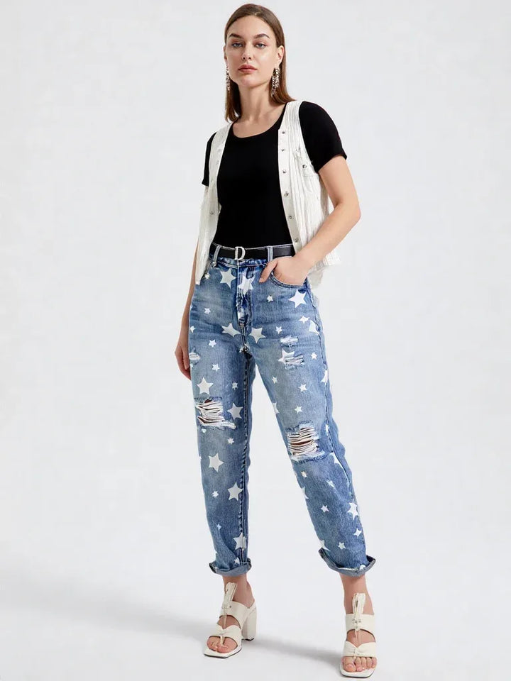 Women's Star Print Straight-Leg Jeans – Mid Rise, Distressed, Full Length - Carter And Sage