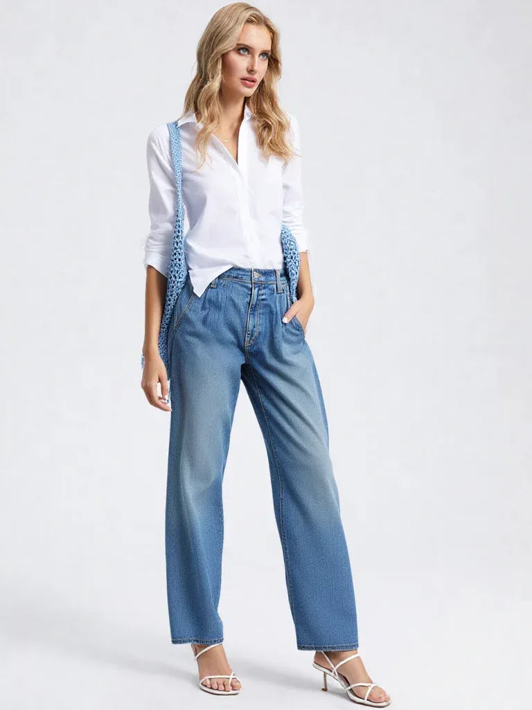 Women's Loose High-Rise Jeans – Button Detail, Straight Leg, Full Length - Carter And Sage