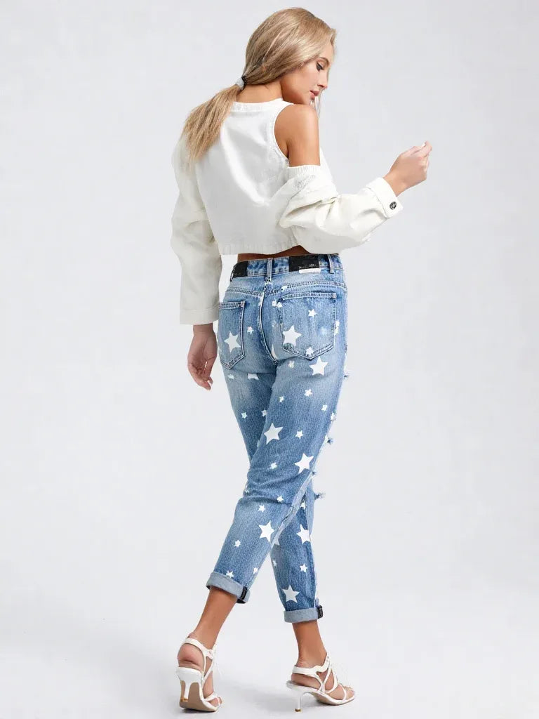 Women's Star Print Straight-Leg Jeans – Mid Rise, Distressed, Full Length - Carter And Sage