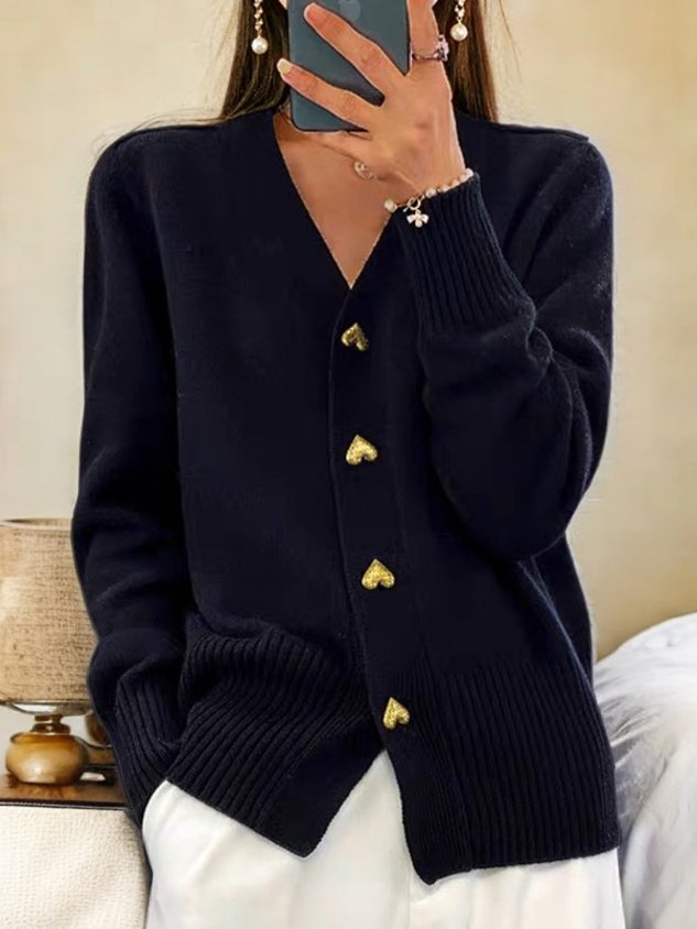 Everly navy V-neck cardigan with heart-shaped gold buttons, front view