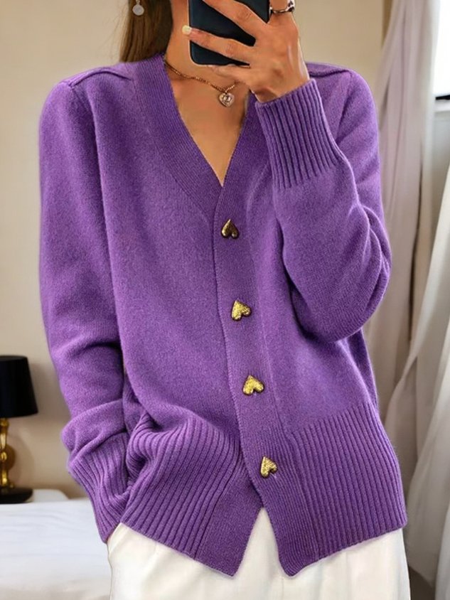 Everly purple V-neck cardigan with ribbed trim and heart-shaped buttons