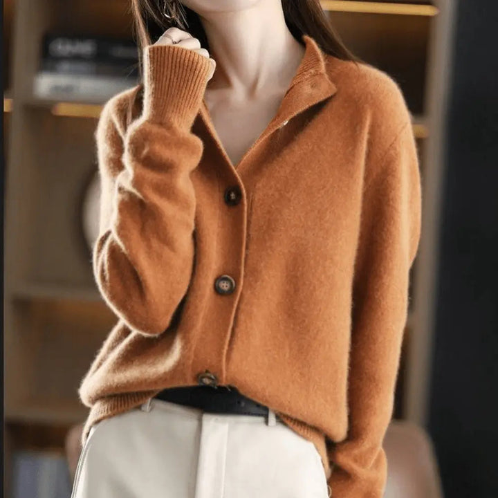 Margot collared button-front cardigan in rust, front view