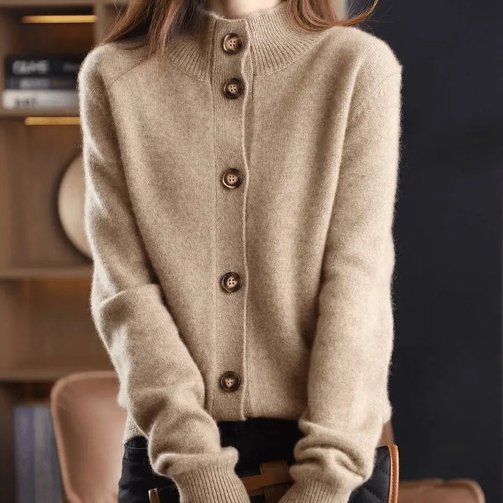 Margot stand collar button-front cardigan in camel, front view