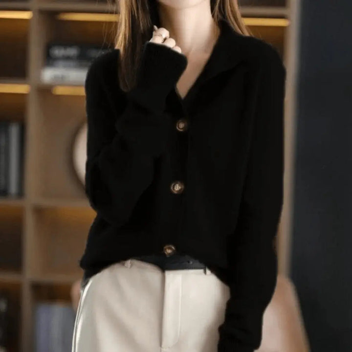 Margot collared button-front cardigan in black, front view