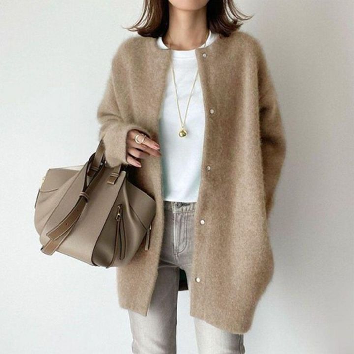 Margot oversized cardigan in beige with snap-button closure, front view
