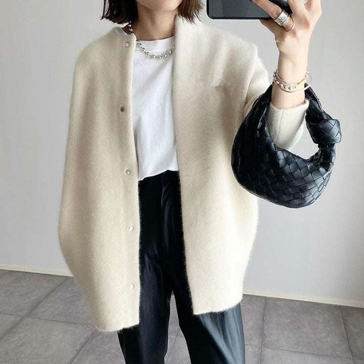 Margot oversized cardigan in cream, front view with woven bag