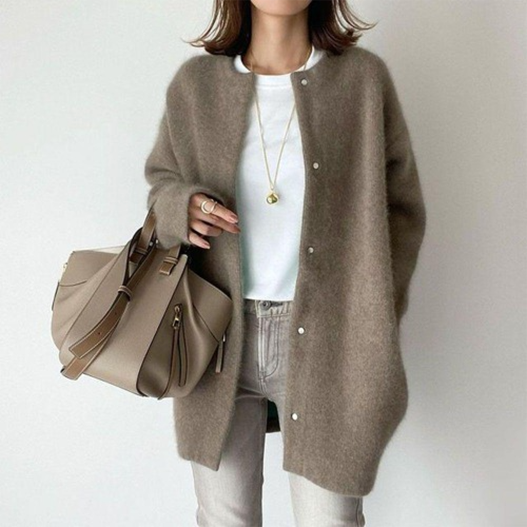 Margot oversized cardigan in taupe, front view