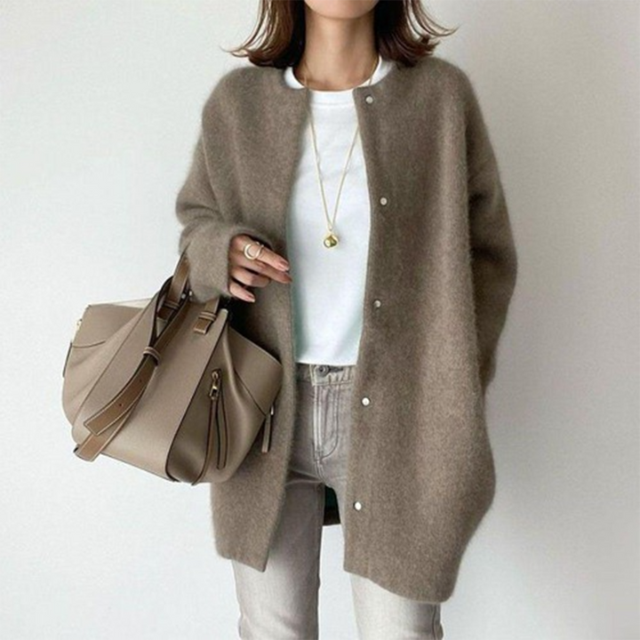 Margot oversized cardigan in taupe, front view