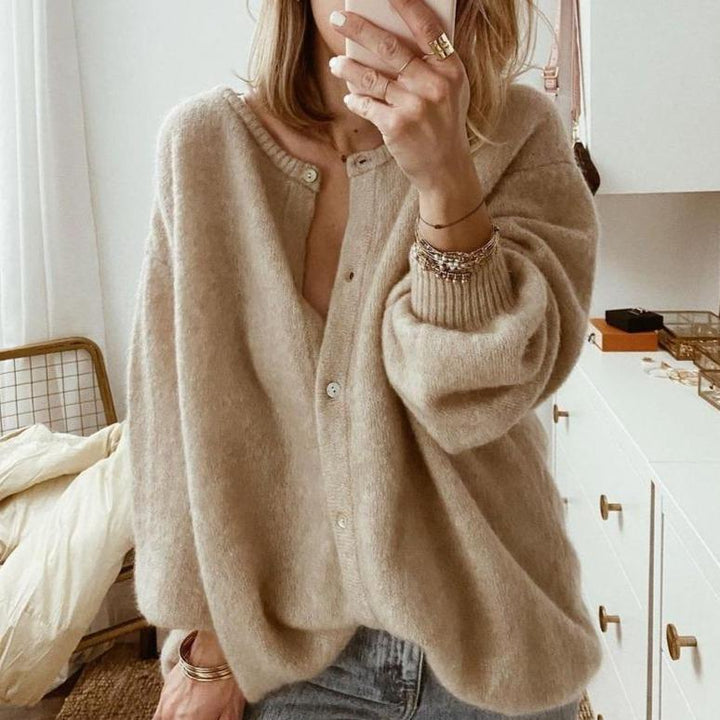 Sienna oversized button-front cardigan with balloon sleeves, front view