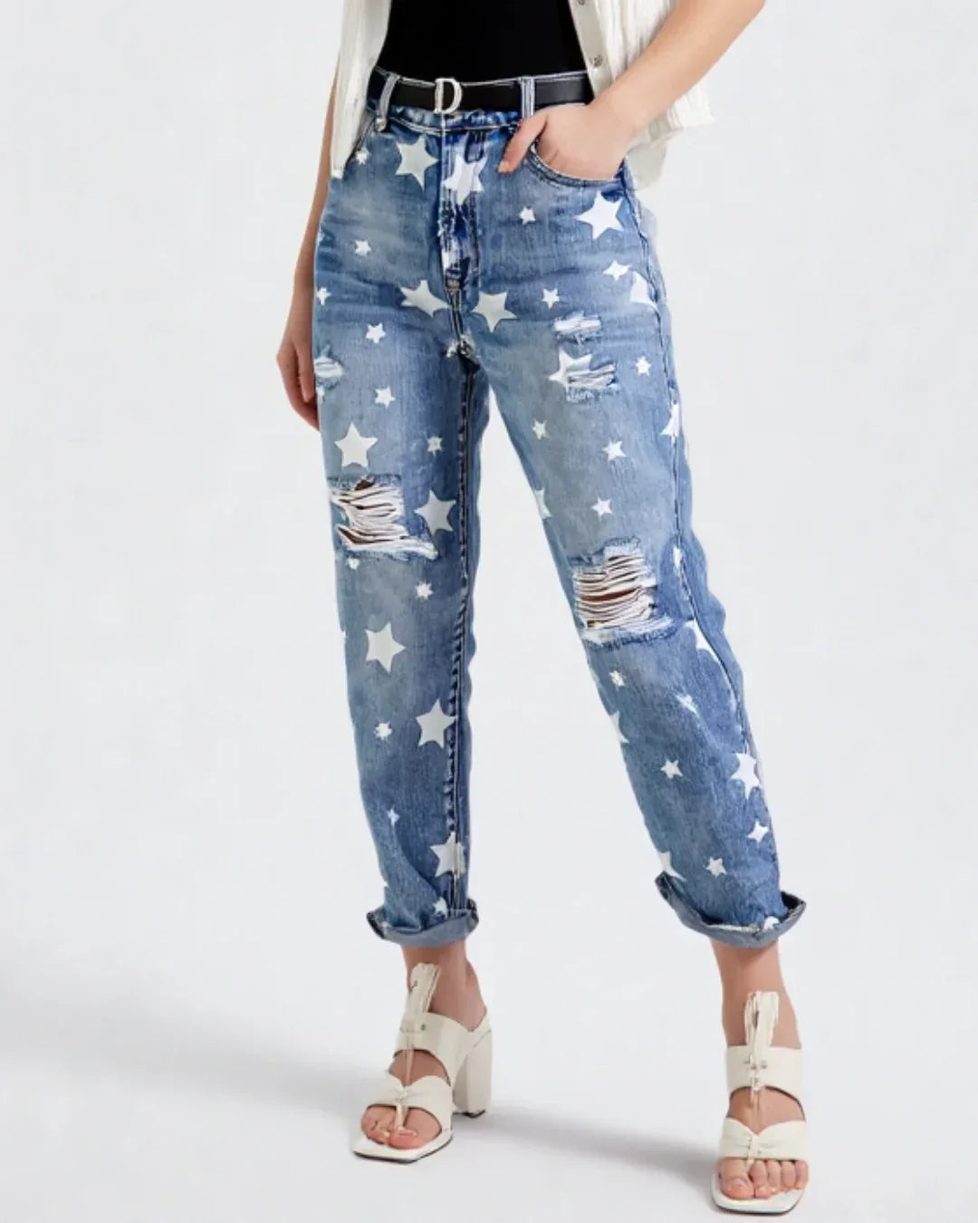 Women's Star Print Straight-Leg Jeans – Mid Rise, Distressed, Full Length - Carter And Sage